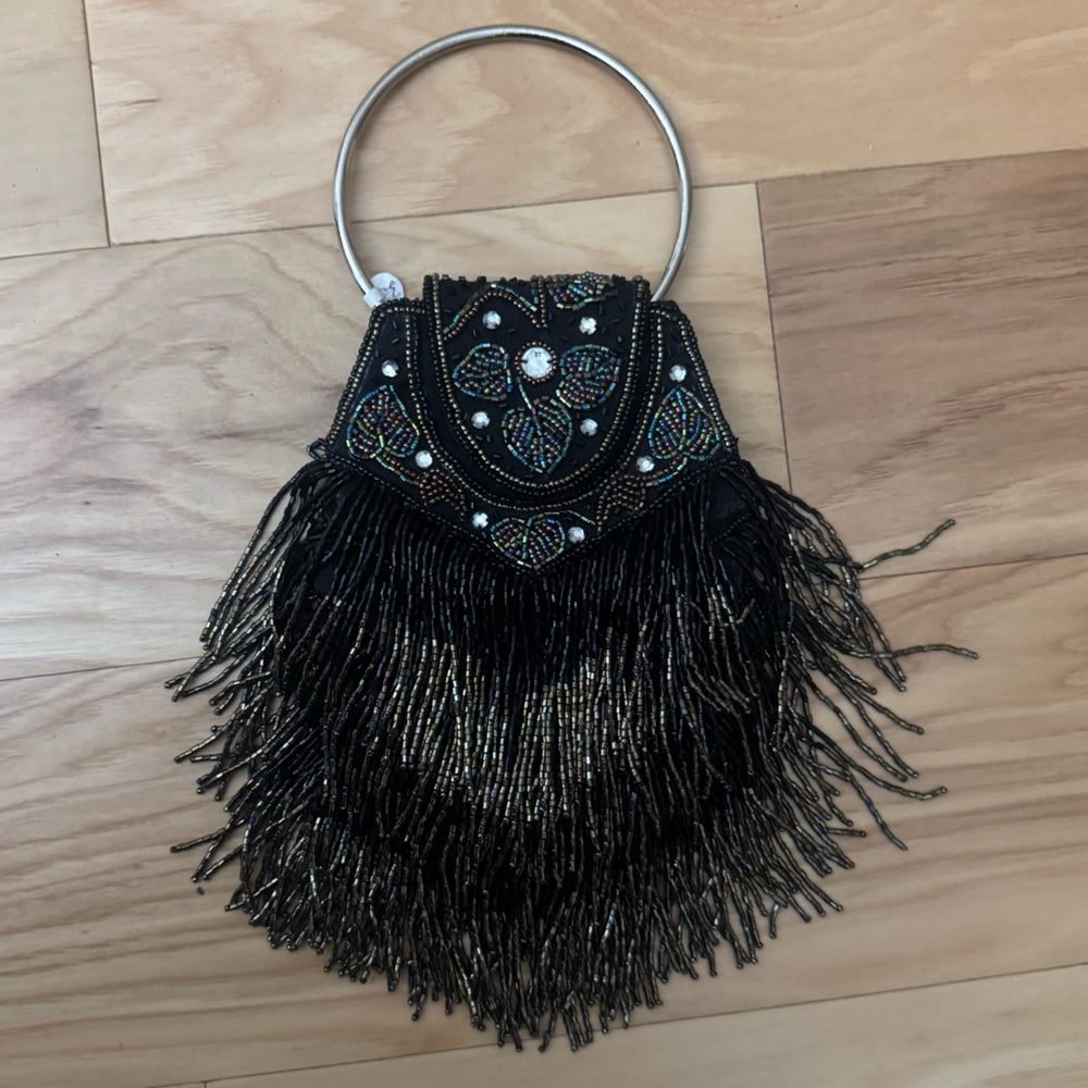Vintage Beaded Black Fringe Wristlet Bag with Silver Metallic Ring Handle